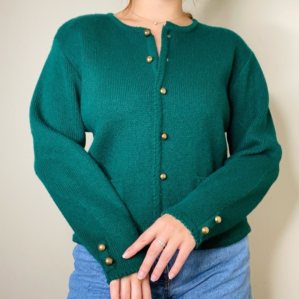 Laura Daniels Petite Y2K Emerald Green Acrylic Cardigan Sweater Gold Size Medium